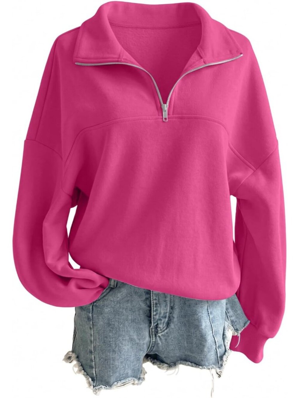 🆕Women's Rose Pink Oversized Quarter Zipper Pullover Casual Half Zip Hoodie